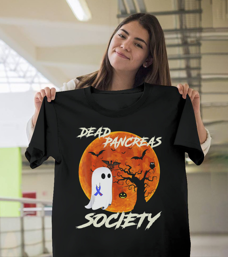 Dead Pancreas Society Ghost Halloween Moon Bats Pumpkin T-Shirt