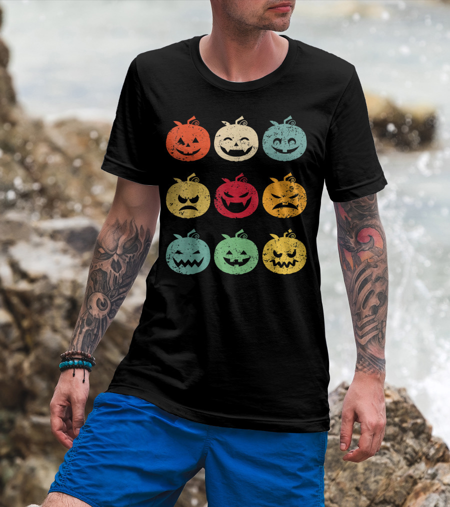 Vintage Pumpkin Emoji Halloween Faces In Nine Colorful Expressions T-Shirt
