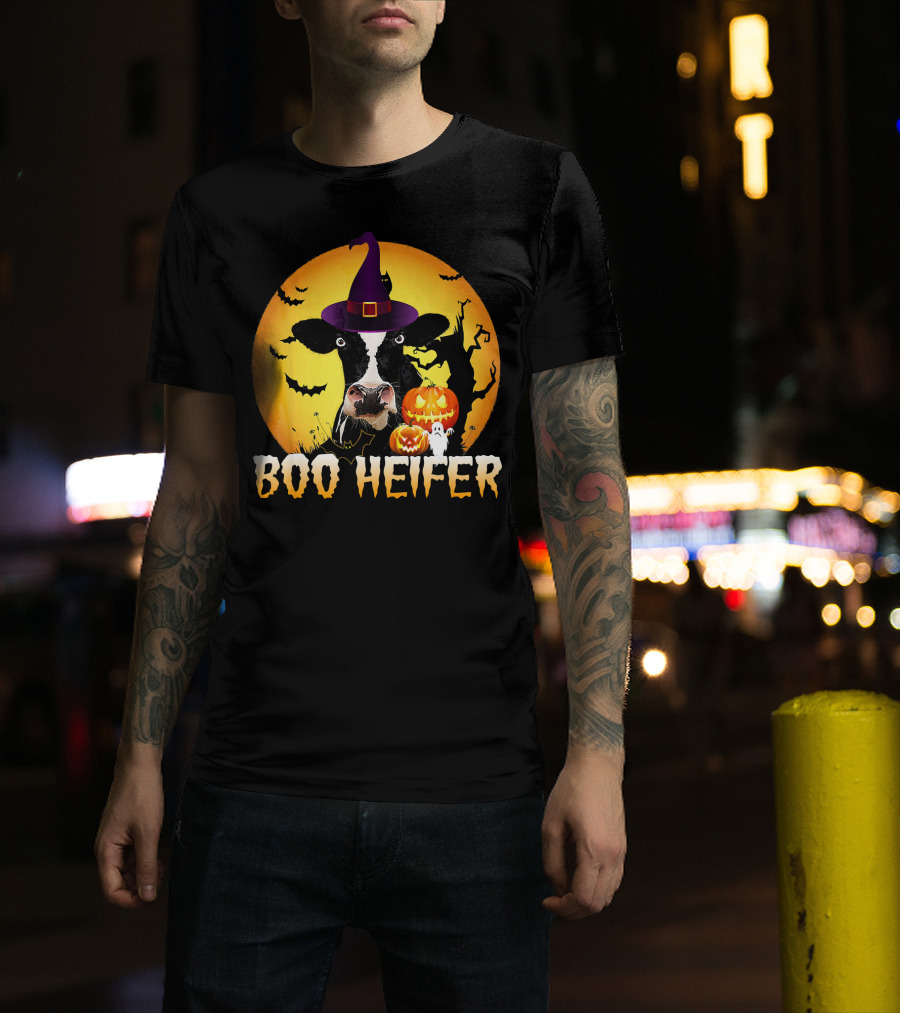 Boo Heifer Witch Hat Cow Halloween Moon Pumpkins Ghost T-Shirt