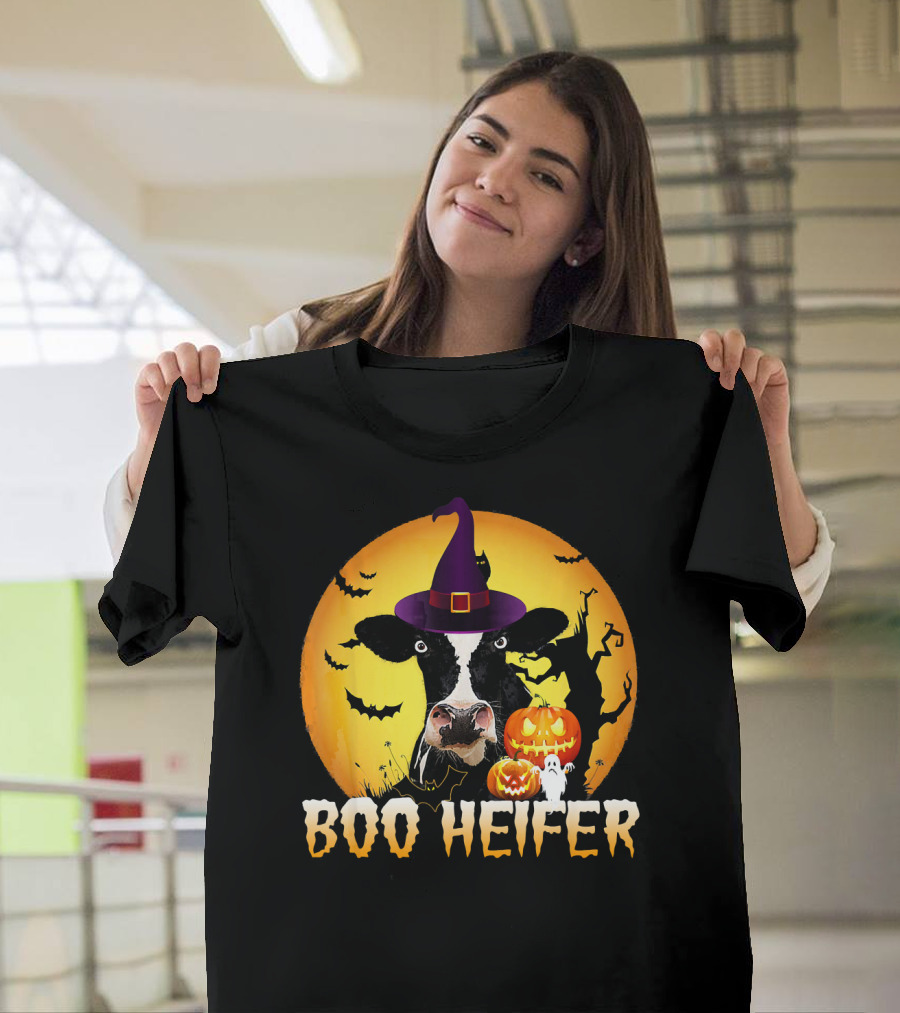 Boo Heifer Witch Hat Cow Halloween Moon Pumpkins Ghost T-Shirt