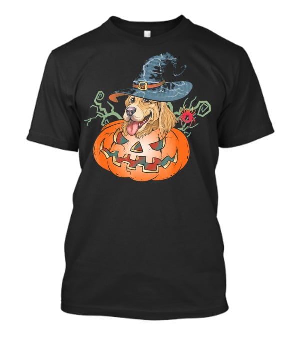 Halloween Golden Retriever Dog Lover Pumpkin Wizard Hat And Spider T-Shirt