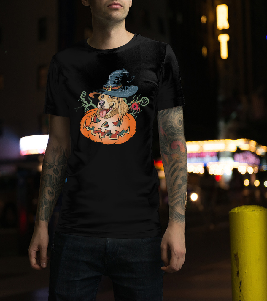 Halloween Golden Retriever Dog Lover Pumpkin Wizard Hat And Spider T-Shirt