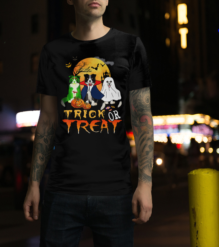 Trick Or Treat Halloween Border Collie Costumes Pumpkins Haunted Moon T-Shirt