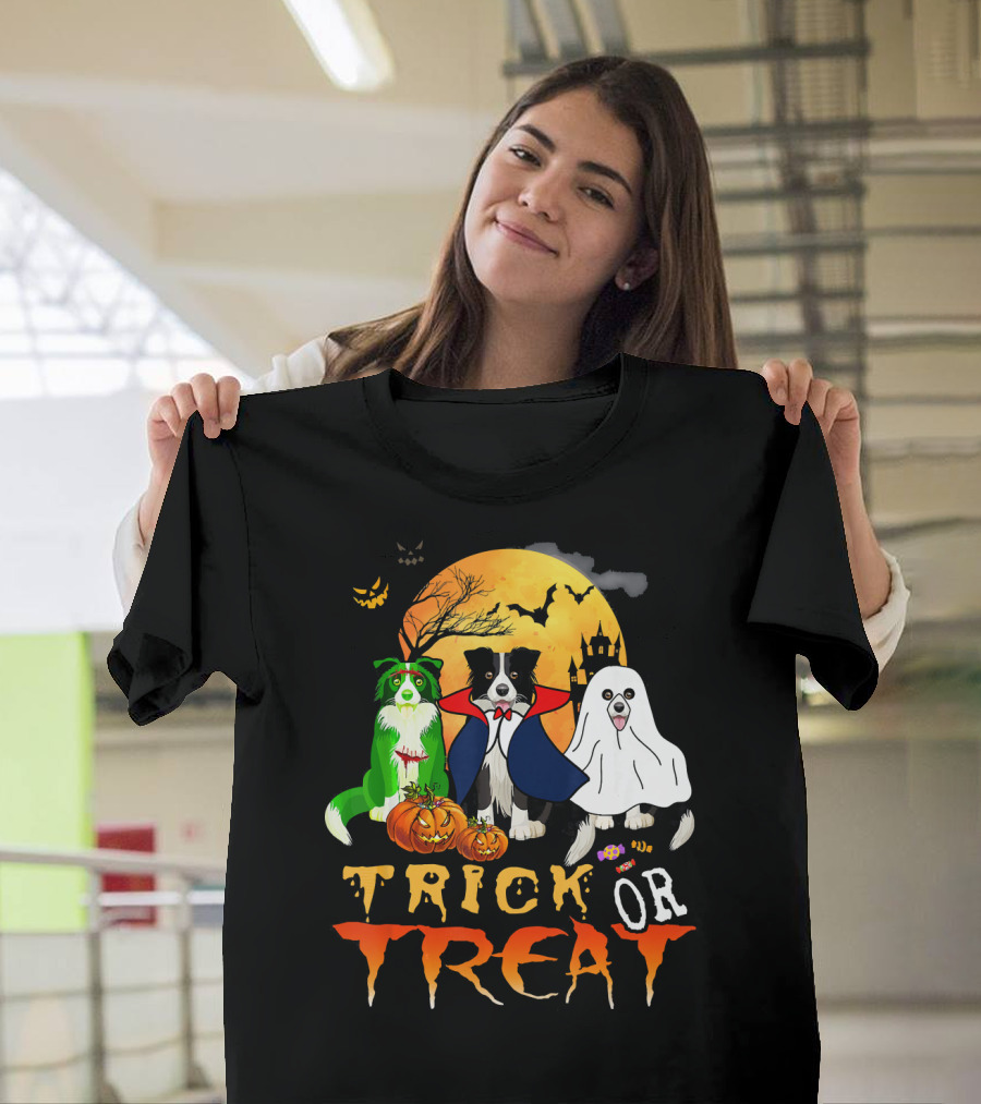 Trick Or Treat Halloween Border Collie Costumes Pumpkins Haunted Moon T-Shirt