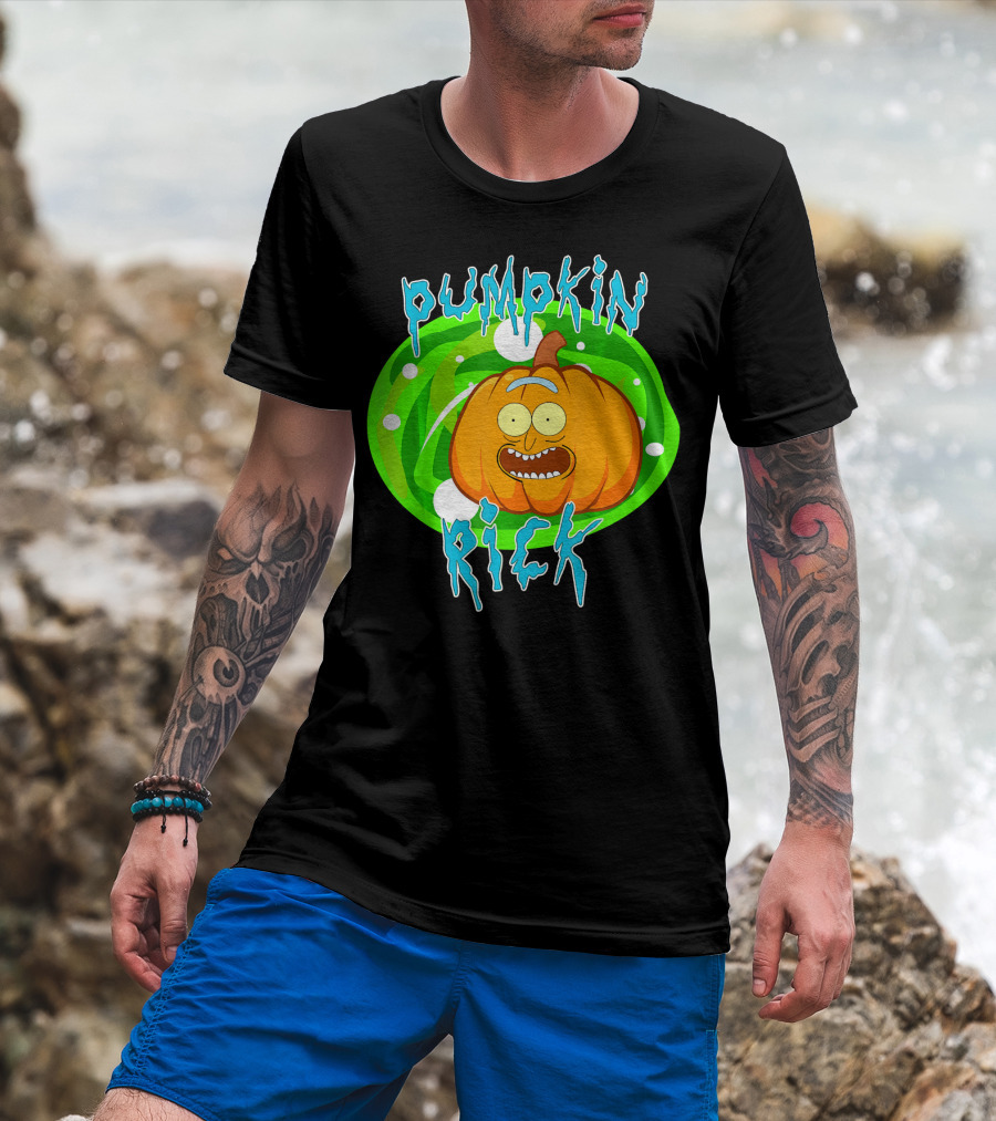 Pumpkin Rick Halloween Parody With Green Portal And Cartoon Face T-Shirt