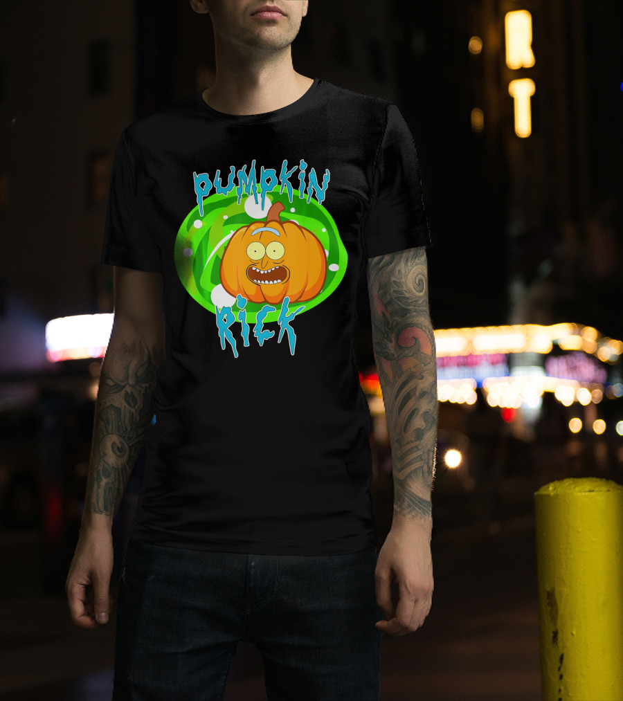 Pumpkin Rick Halloween Parody With Green Portal And Cartoon Face T-Shirt