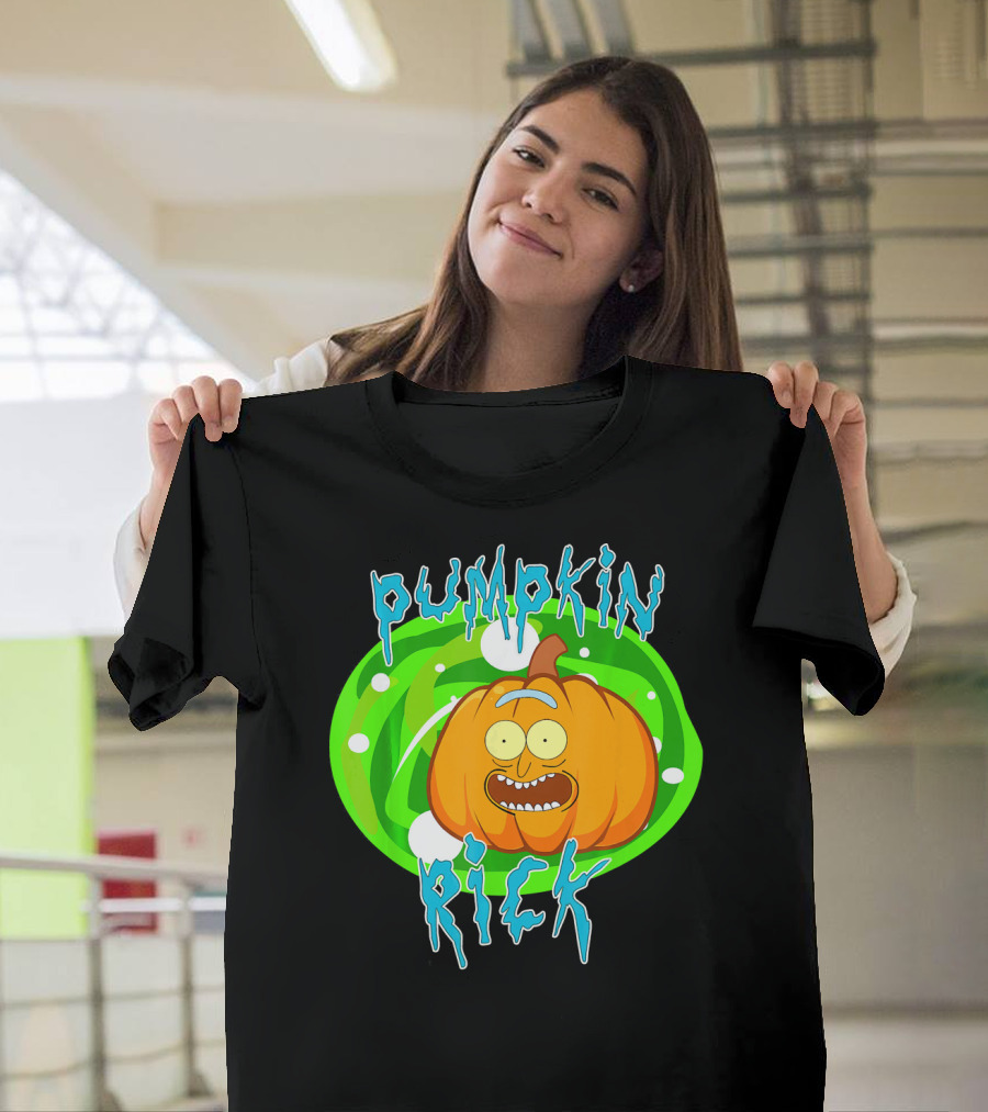Pumpkin Rick Halloween Parody With Green Portal And Cartoon Face T-Shirt