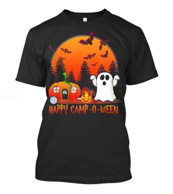 Happy Camp O Ween Funny Pumpkin Boo Ghost Moon With Bat Silhouette In Spooky Forest T-Shirt