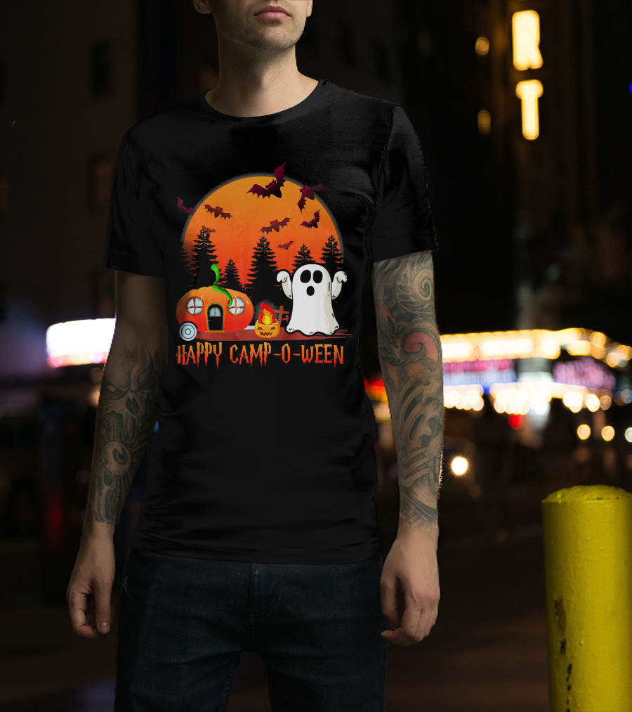 Happy Camp O Ween Funny Pumpkin Boo Ghost Moon With Bat Silhouette In Spooky Forest T-Shirt