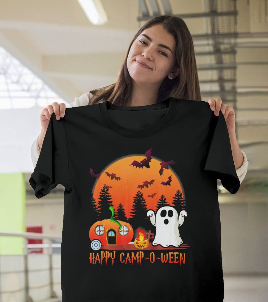 Happy Camp O Ween Funny Pumpkin Boo Ghost Moon with Bat Silhouette in Spooky Forest T-Shirt