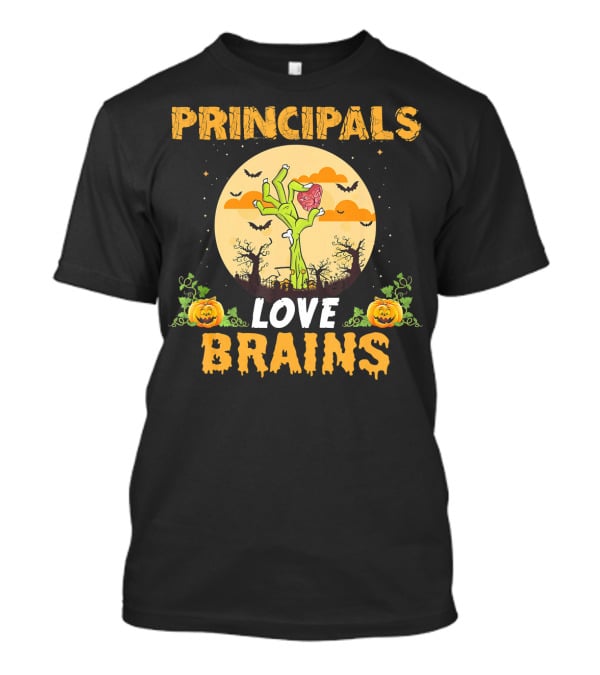 Principals Love Brains Zombies Halloween Moon Bats Pumpkins T-Shirt