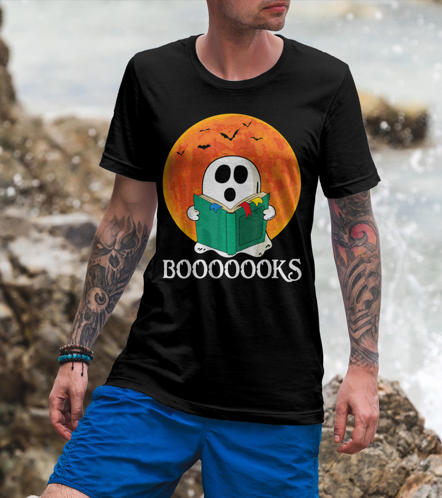 Funny Halloween Booooks Cute Ghost Reading With Full Moon And Bats T-Shirt