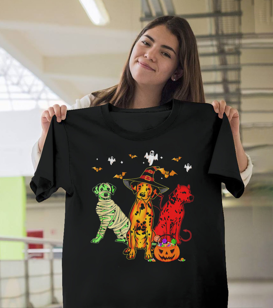 Funny Dalmatian Halloween Witch Mummy Devil Costume Party with Ghosts and Bats T-Shirt