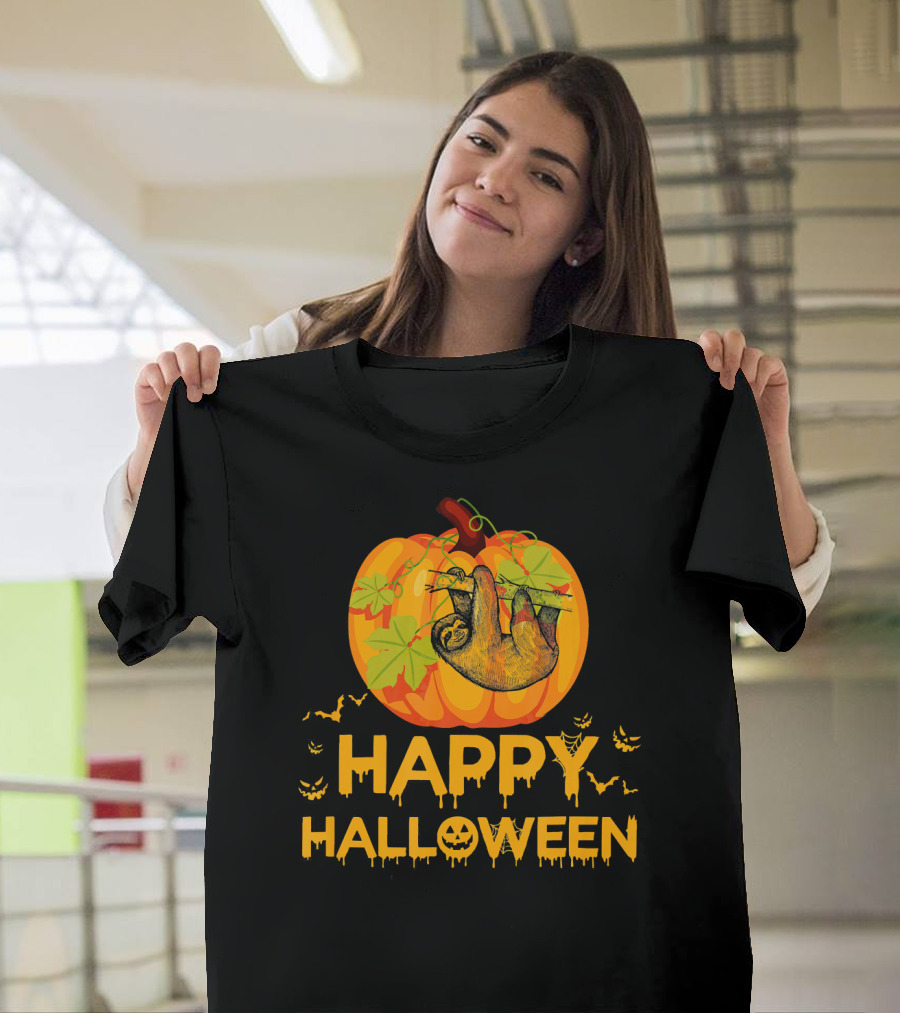 Happy Halloween Pumpkin Sloth Hanging with Bats T-Shirt