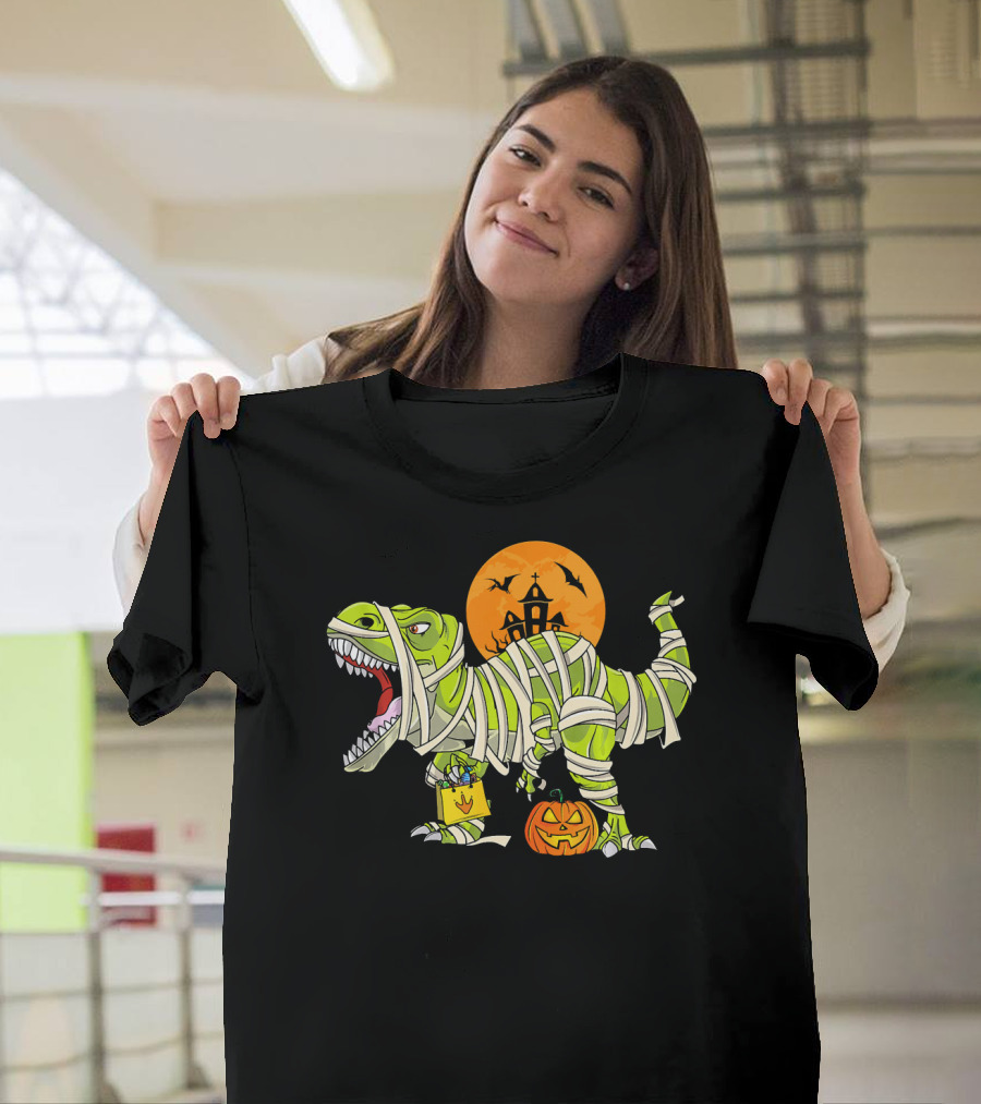 Funny Halloween Rex Dinosaur Mummy With Pumpkin And Haunted House T-Shirt
