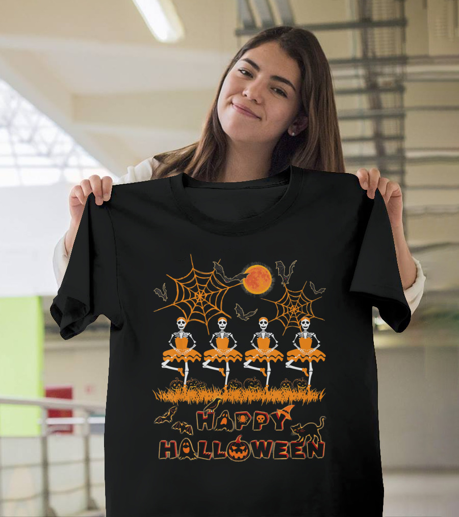 Happy Halloween Dancing Ballet Skeletons With Spiders And Bats T-Shirt