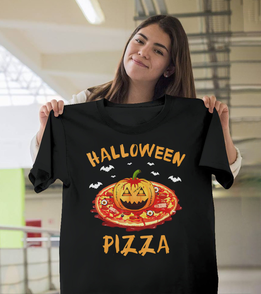 Halloween Pizza Pumpkin With Bats And Spooky Toppings T-Shirt
