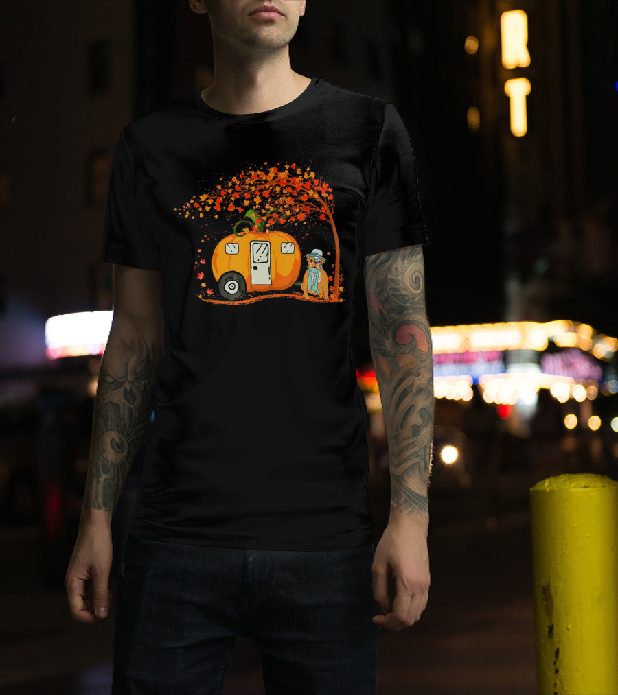 Bulldog With Pumpkin Camping Van Under Autumn Tree T-Shirt