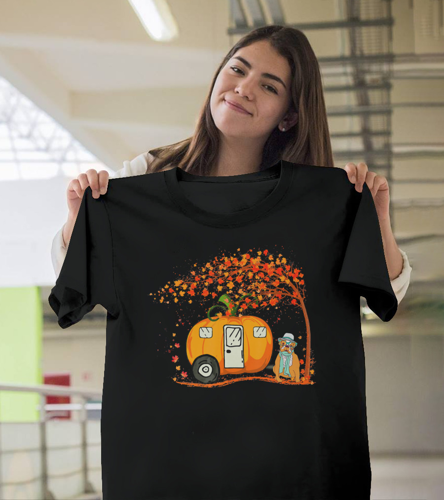 Bulldog With Pumpkin Camping Van Under Autumn Tree T-Shirt