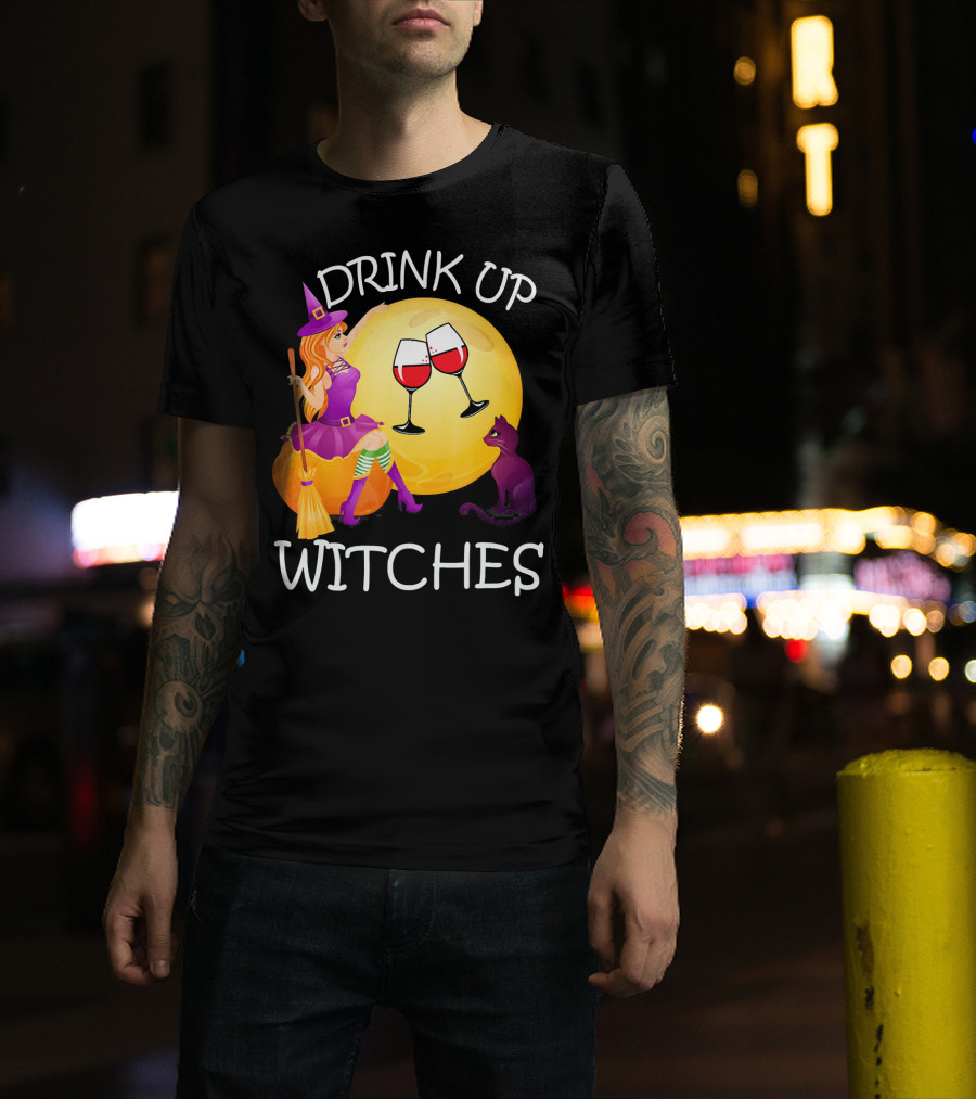 Drink Up Witches Halloween Wine Moon Cat Broomsticks T-Shirt
