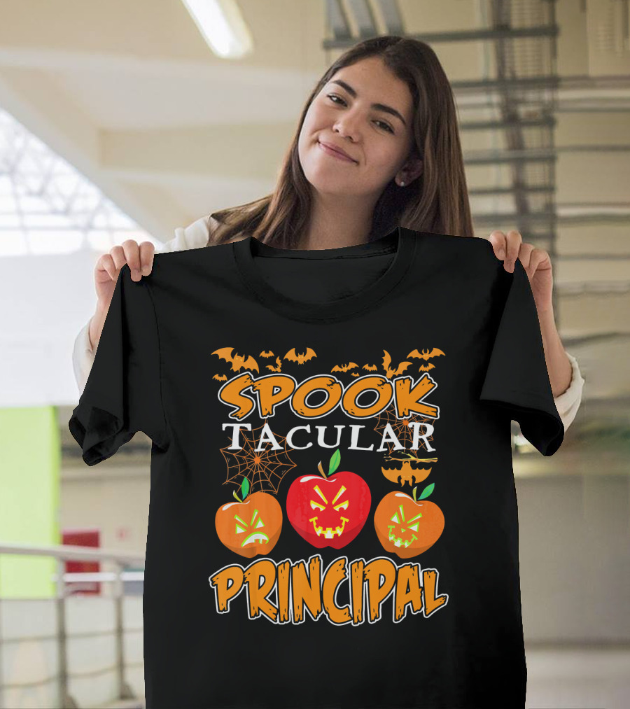 Spooktacular Principal Halloween Pumpkins and Bats T-Shirt
