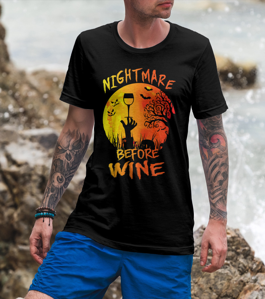 Nightmare Before Wine Halloween Scary Moon Scene T-Shirt