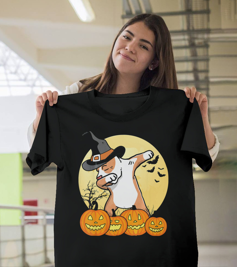 Dabbing Pit Bull Halloween Witch Hat Pumpkins Bats Dance Funny Dog T-Shirt