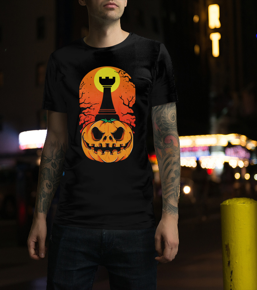 Spooky Rook Pumpkin Halloween Chess Tower Moon T-Shirt