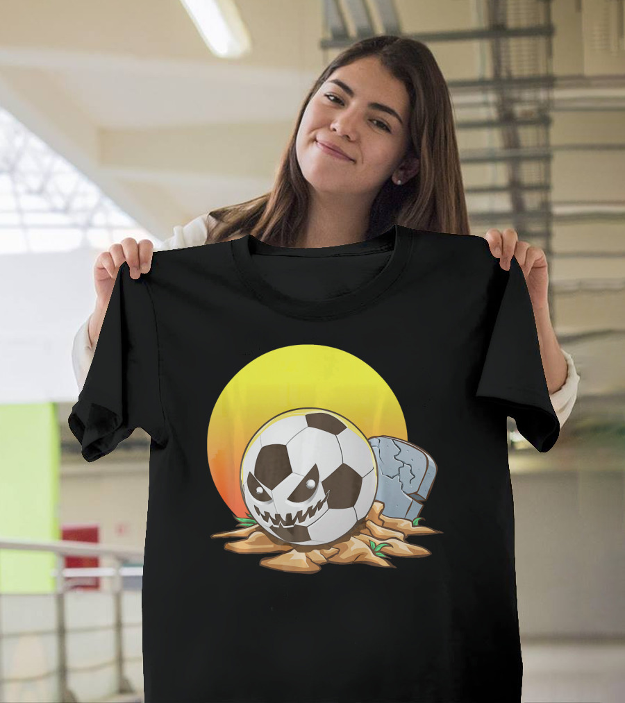 Soccer Halloween Goal With Spooky Jack-O'-Lantern Face And Graveyard Scene T-Shirt