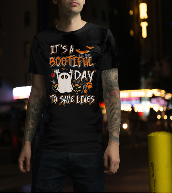 It's A Bootiful Day To Save Lives Bat Ghost Paw Pumpkin T-Shirt