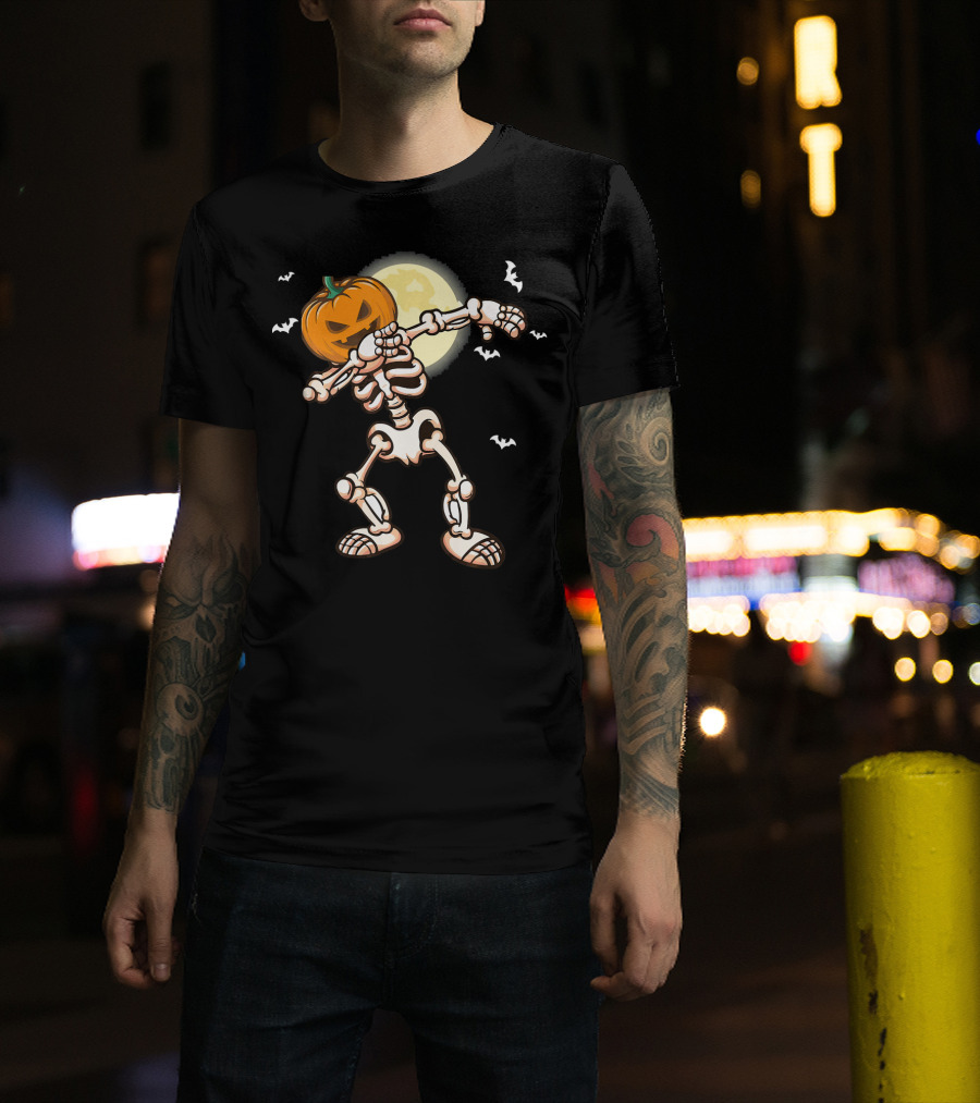 Skeleton Dabbing With Pumpkin Head And Bats T-Shirt