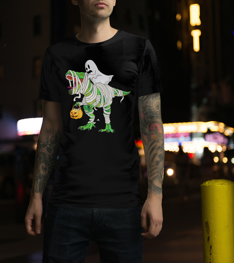 Ghost Mummy Riding T-Rex Trick Or Treat T-Shirt