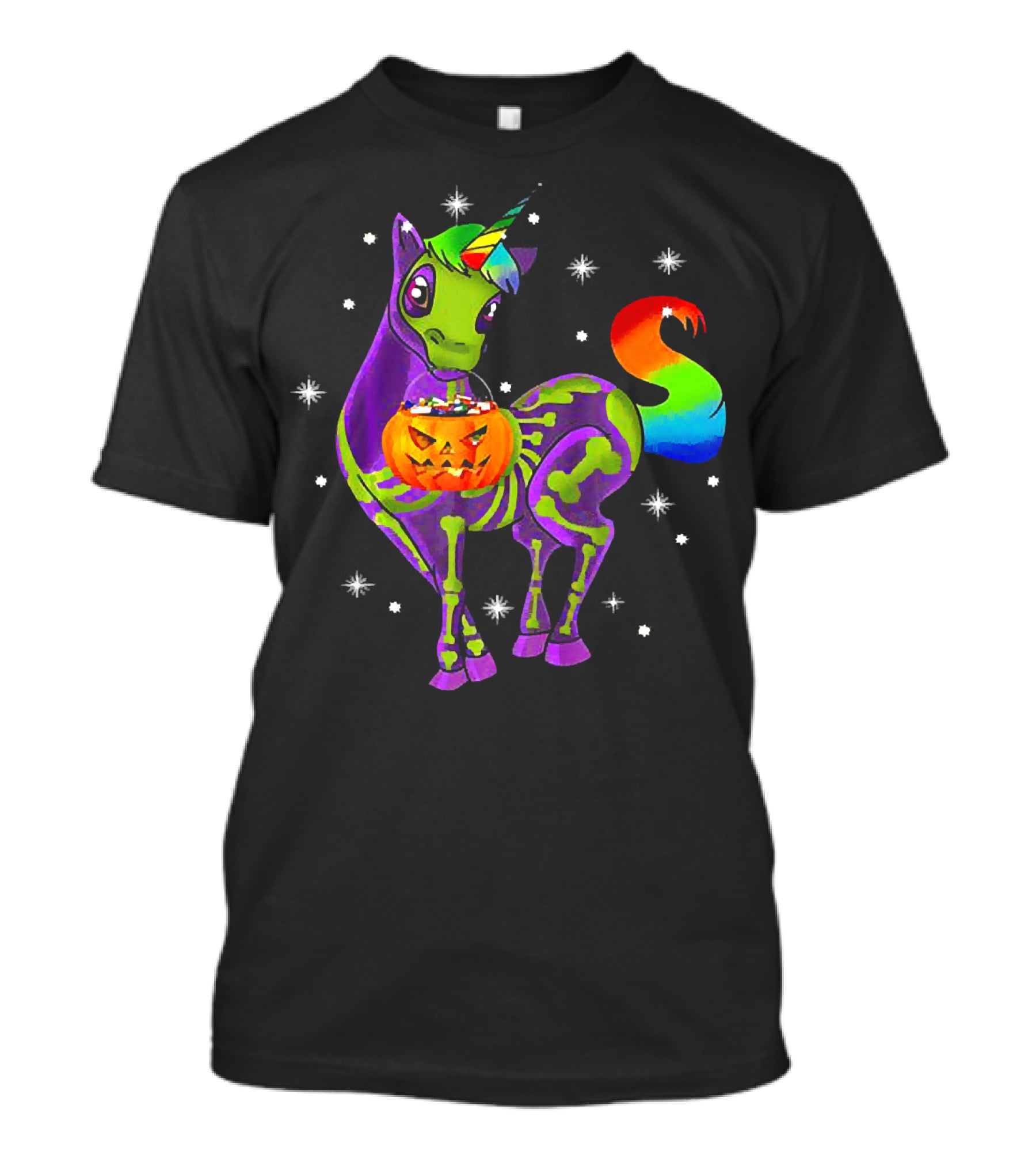 Unicorn Skeleton Pumpkin Rainbow Halloween Magic T-Shirt