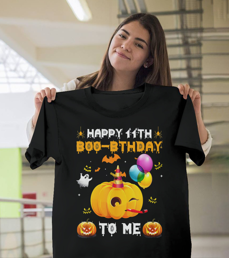Happy 11th Boo-Pthday to Me Halloween Pumpkin and Balloons T-Shirt