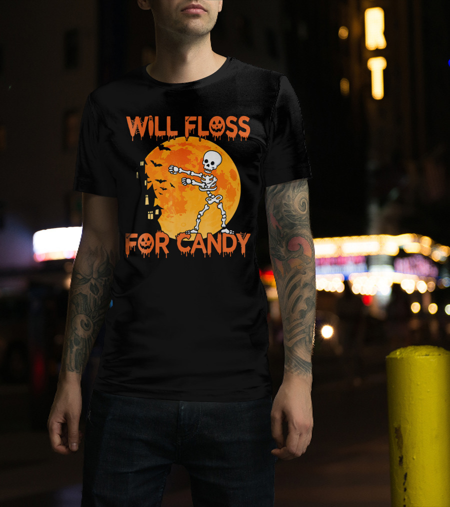 Will Floss For Candy Dancing Skeleton Halloween Moon Bats T-Shirt