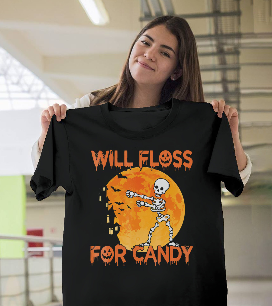 Will Floss For Candy Dancing Skeleton Halloween Moon Bats T-Shirt
