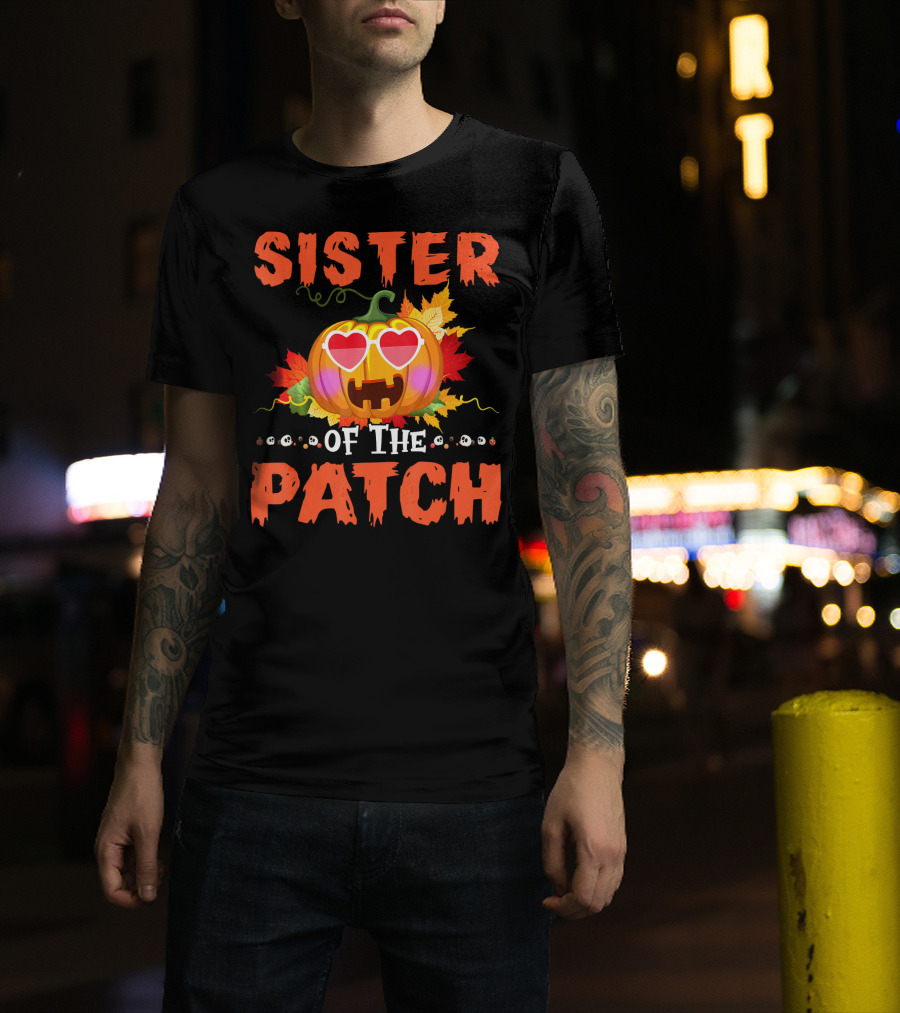 Sister Of The Patch Pumpkin Halloween Co Hearts Leaves Skulls T-Shirt