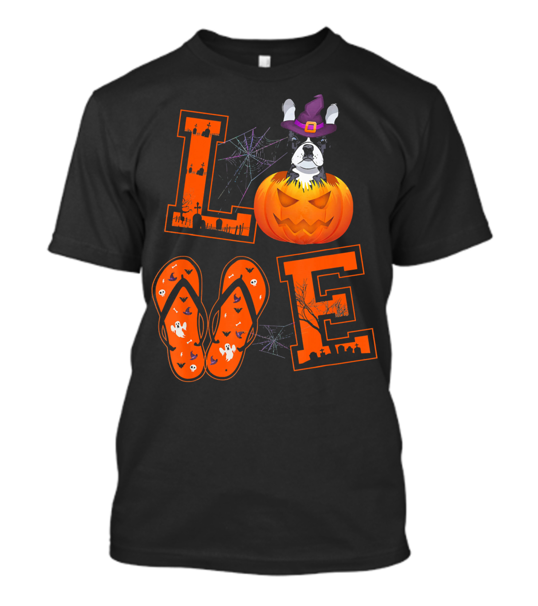LOVE French Bulldog Pumpkin Halloween Ghosts Spider Webs T-Shirt