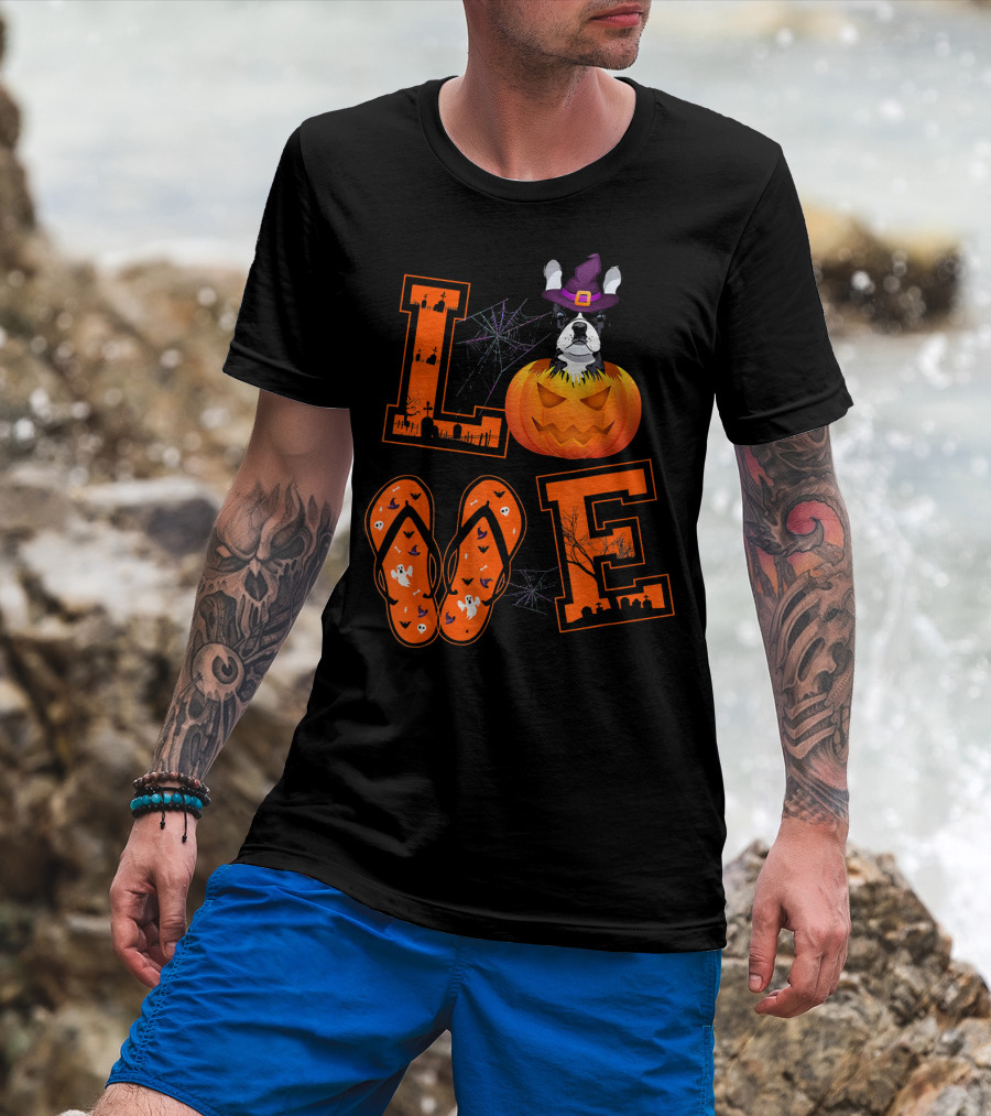 LOVE French Bulldog Pumpkin Halloween Ghosts Spider Webs T-Shirt