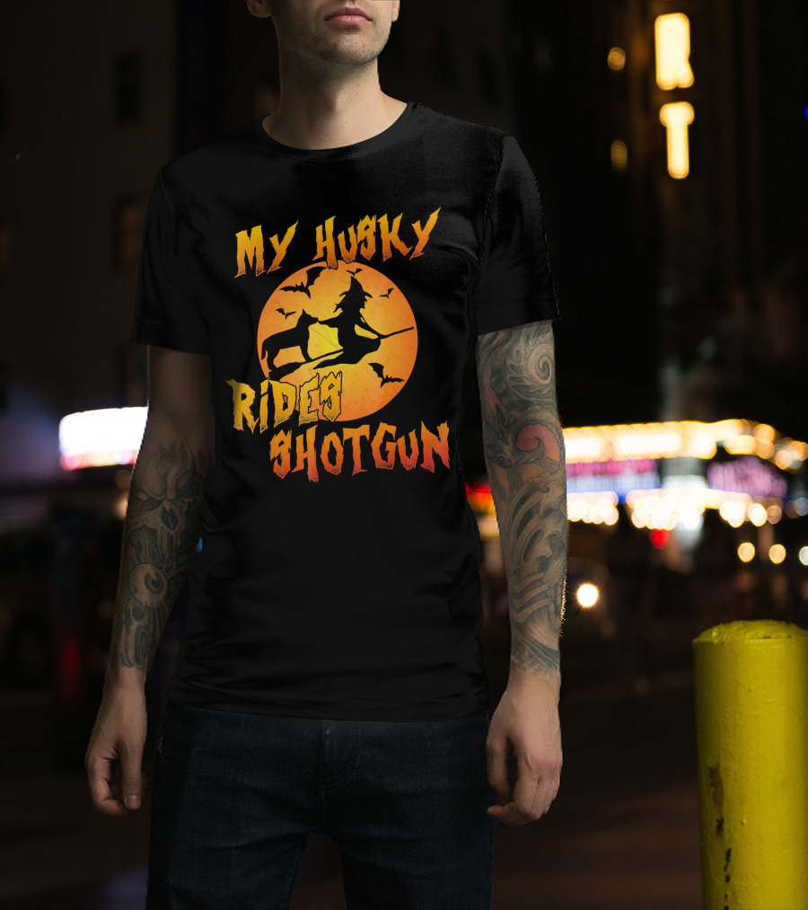 My Husky Rides Shotgun Halloween Witch Moon Bats T-Shirt