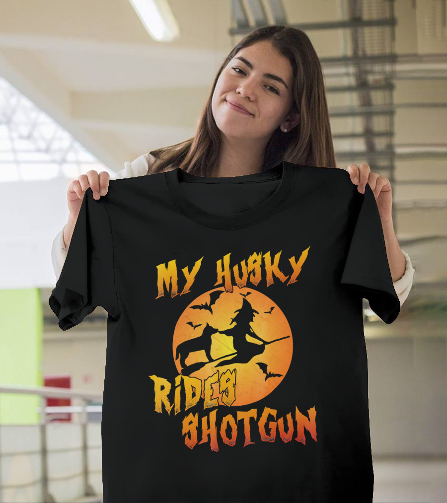 My Husky Rides Shotgun Halloween Witch Moon Bats T-Shirt