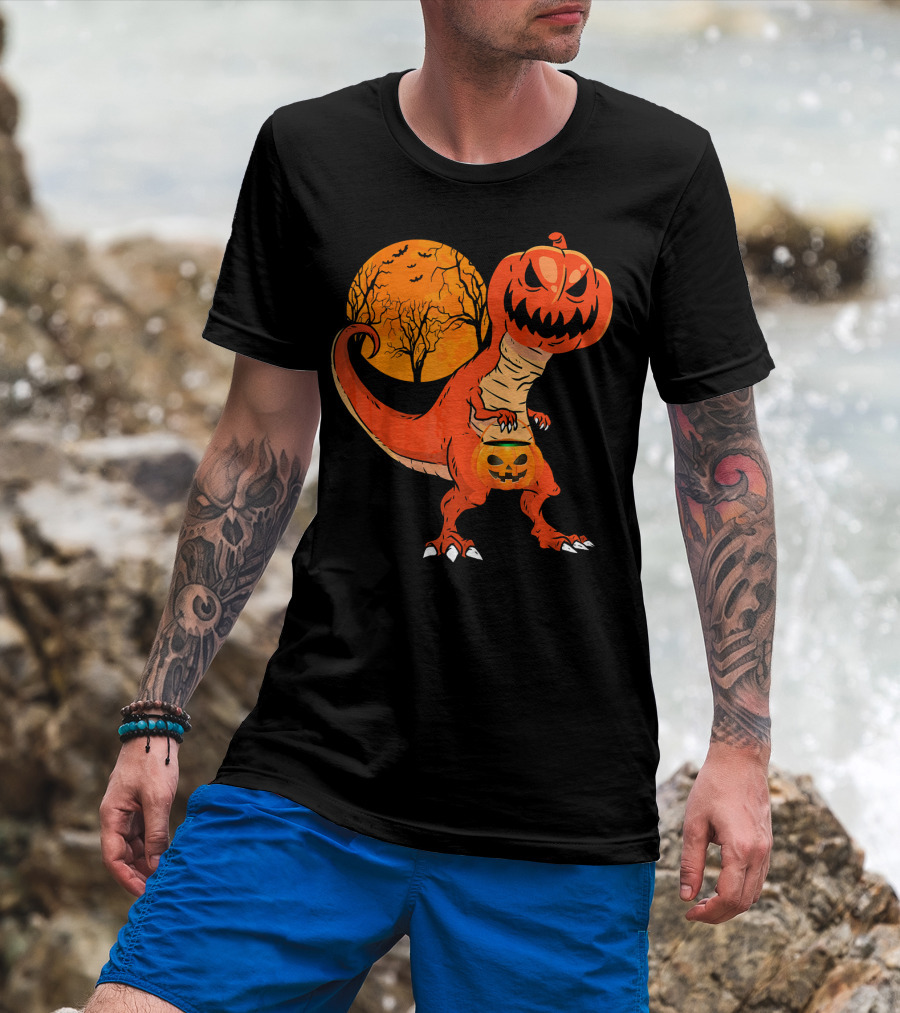 Funny Halloween Dinosaur Pumpkin Head Tree Shadow T-Shirt