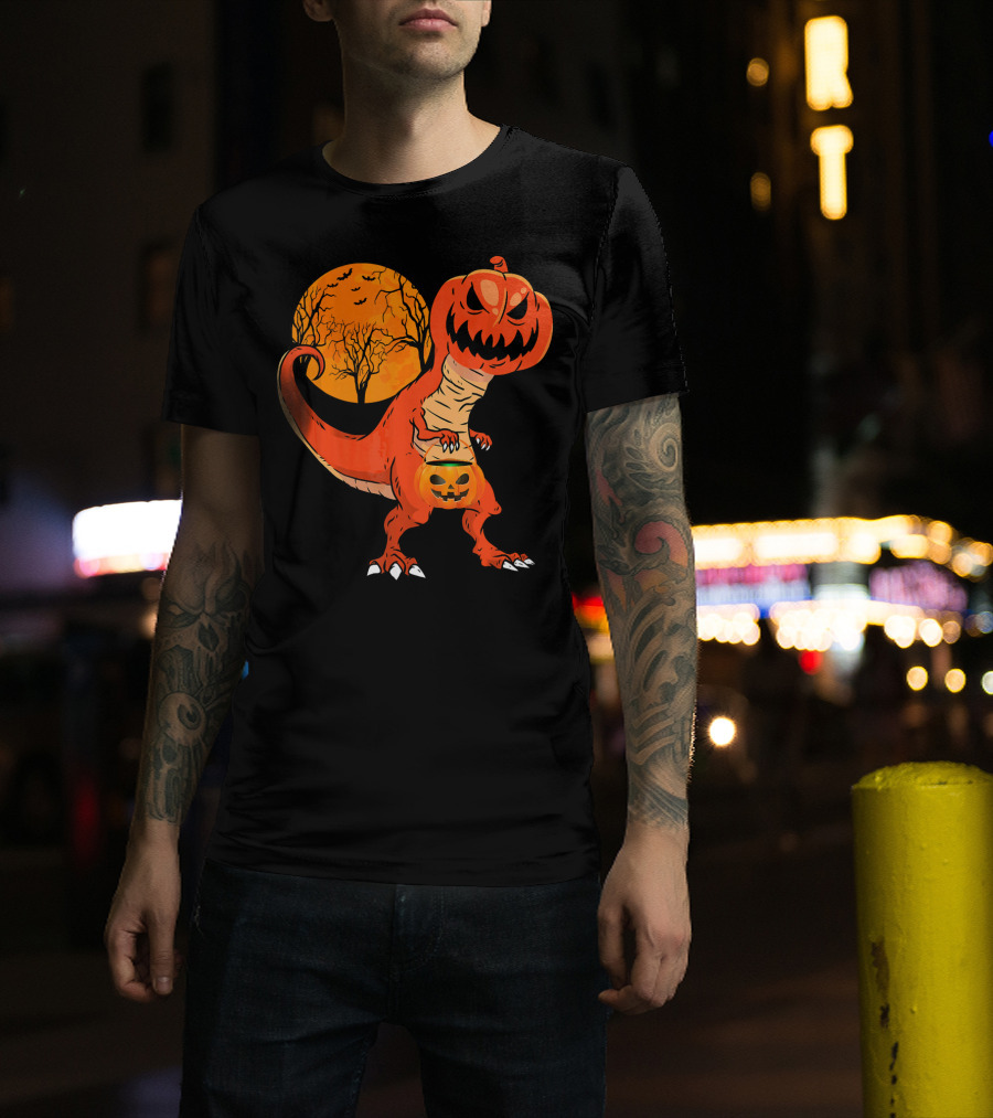 Funny Halloween Dinosaur Pumpkin Head Tree Shadow T-Shirt
