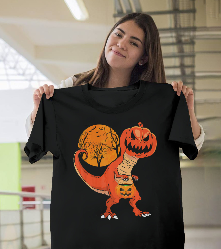 Funny Halloween Dinosaur Pumpkin Head Tree Shadow T-Shirt