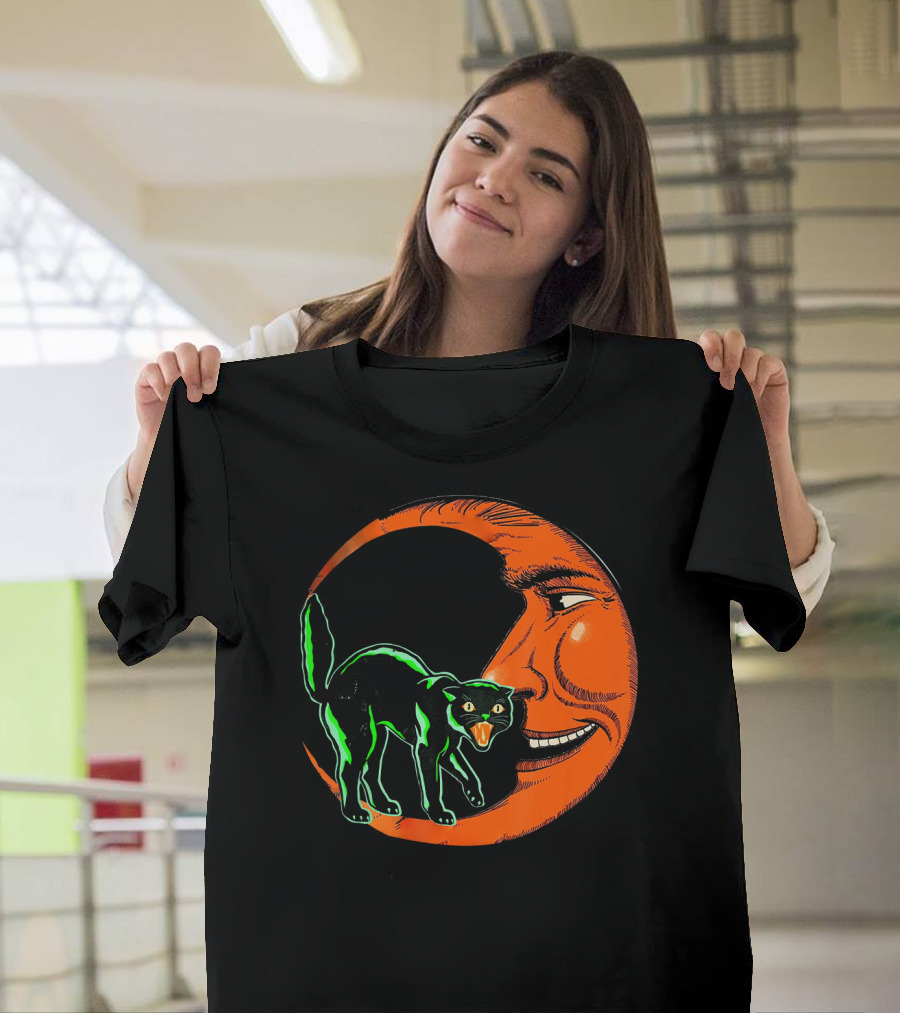 Vintage Halloween Beistle Cat On Crescent Moon T-Shirt
