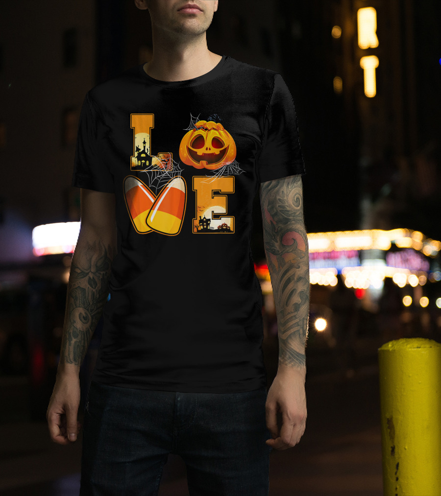 Love Candy Corn Pumpkin Halloween Spiderwebs T-Shirt