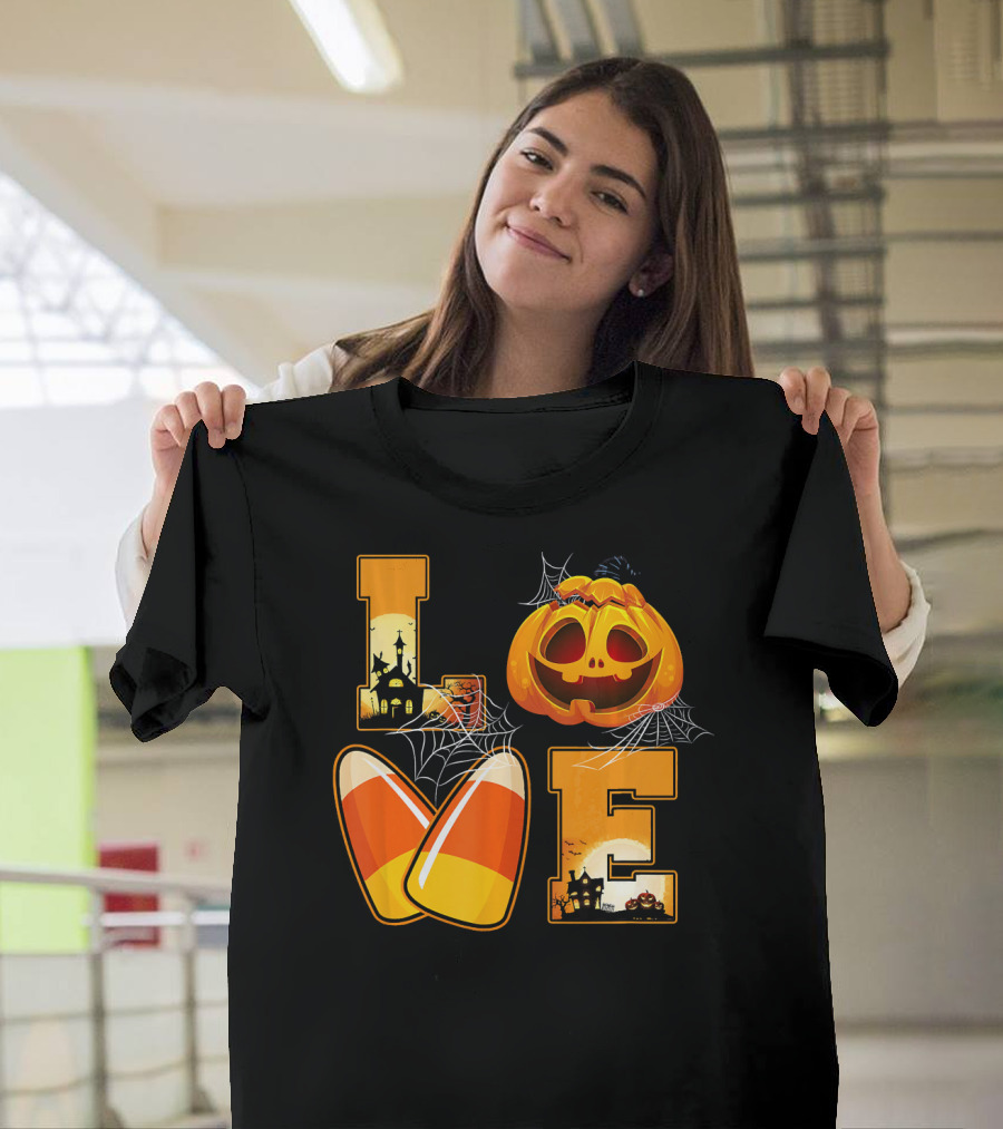 Love Candy Corn Pumpkin Halloween Spiderwebs T-Shirt