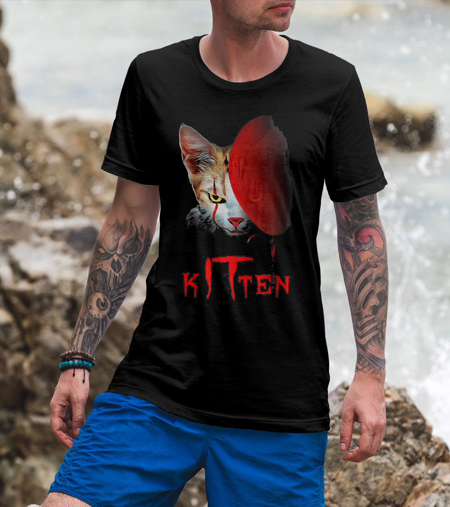 Kitten Cat Halloween Clown Red Balloon Horror T-Shirt