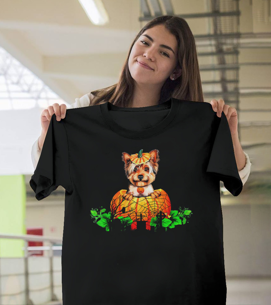 Yorkie Puppy with Pumpkin and Green Leaves Halloween T-Shirt