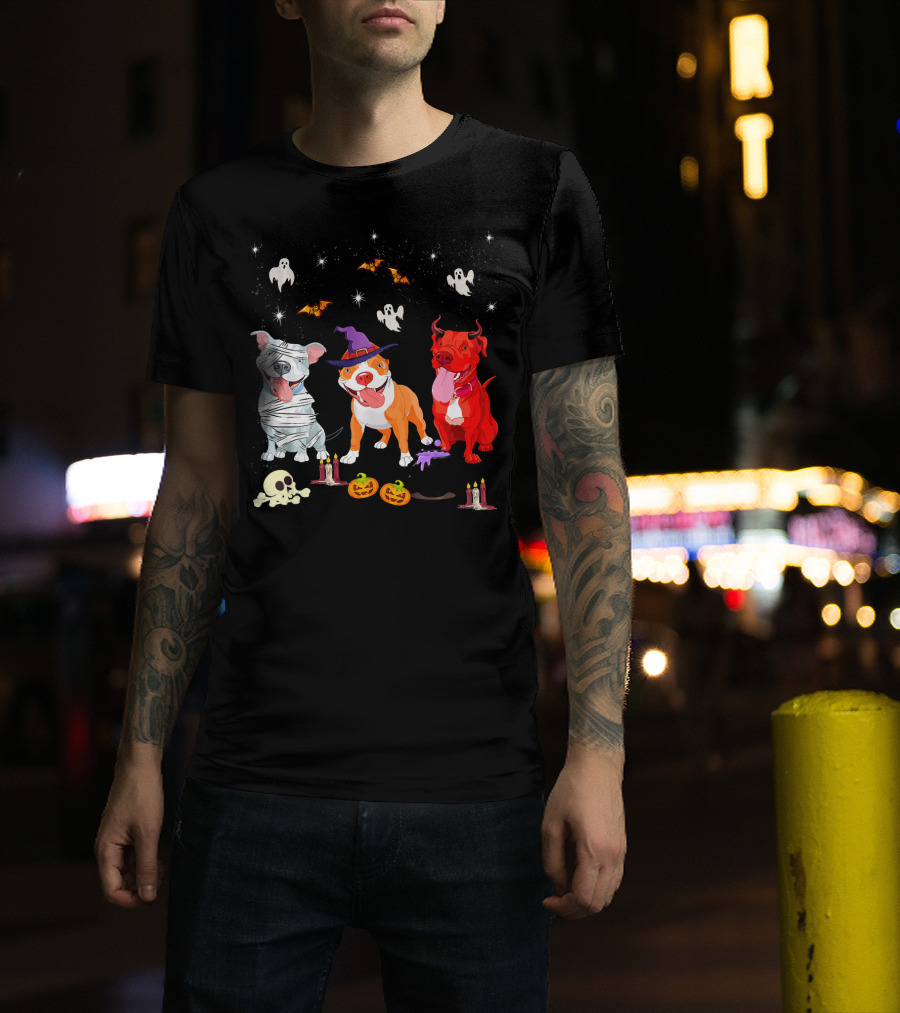 Three Pitbulls Halloween Ghosts Bats Pumpkins Candles Skulls Stars T-Shirt